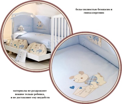 Детское постельное белье Ruggeri Bau Bau 7 предметов длинный борт голубое
